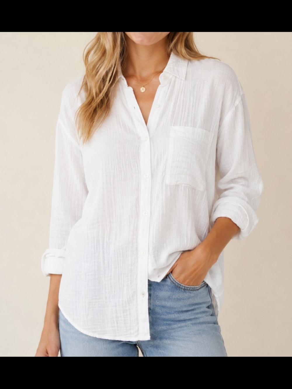 LOFT Outlet White 100% Cotton Gauze Button Front Shirt Women's Sz L Oversized